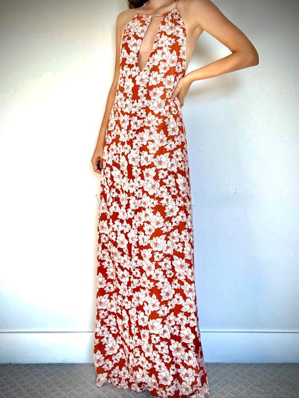 Acacia Maxi Rust Pippa Samba Dress w/ White Magnolia Floral Print, Petite